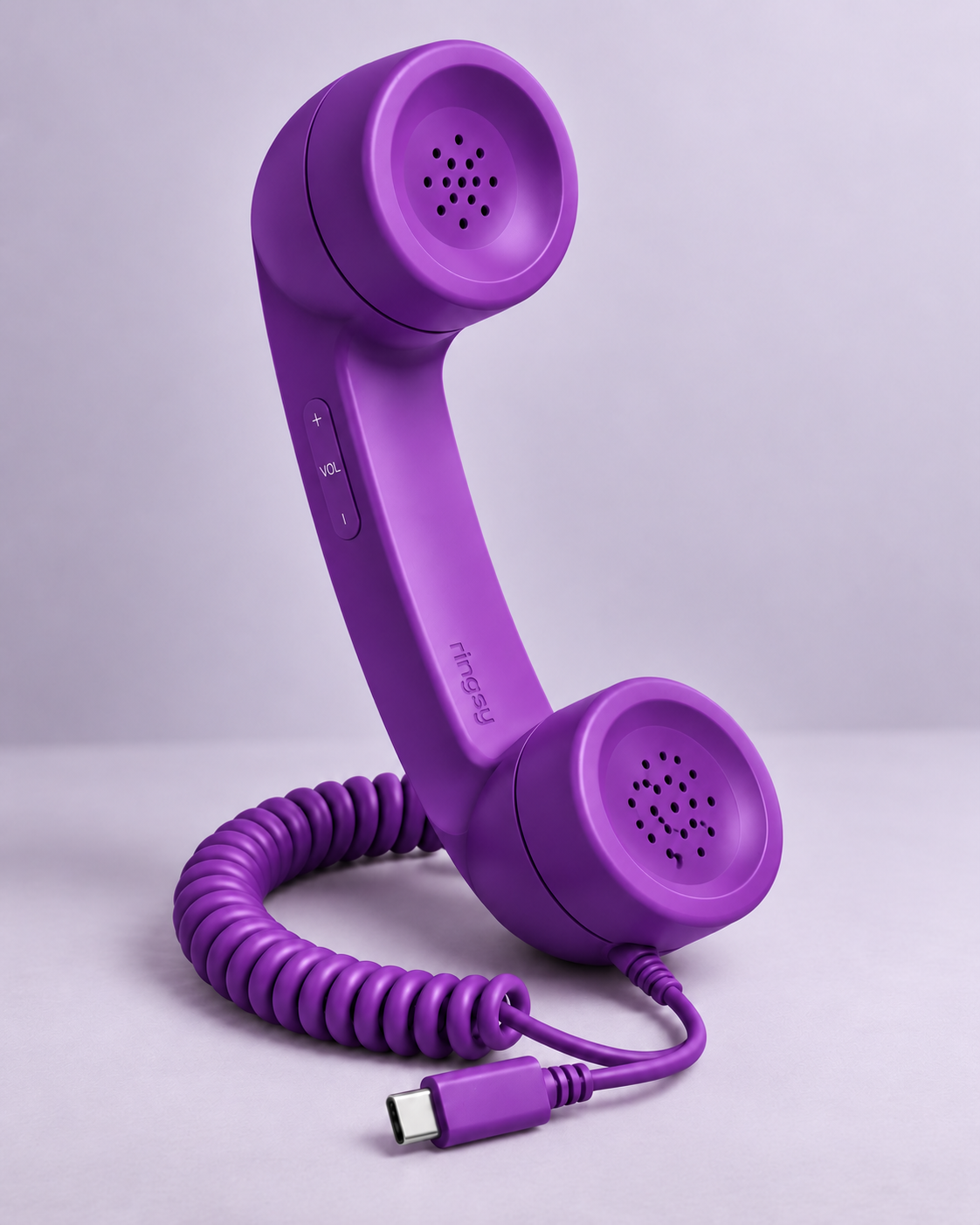 Purple Ringsy retro handset with USB-C cable